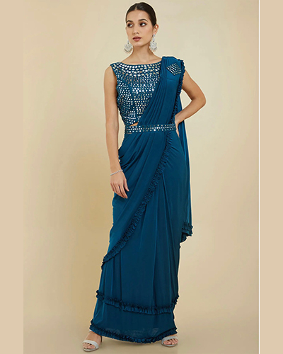 Buy Blue Viscose Georgette Embroidered Draped Saree Gown With Jacket For  Women by Aariyana Couture Online at Aza Fashions.