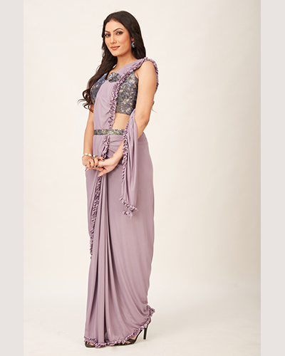 Buy 9280 Ready to Wear Indian Lycra Draped Saree Designer Blouse Gown Sari  Party Women (Grey) at Amazon.in