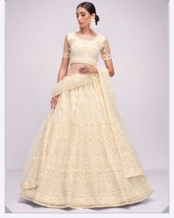 DELECTABLE OFF WHITE CORDING, THREAD EMBROIDERED NET FABRIC LEHENGA CHOLI FOR BRIDE