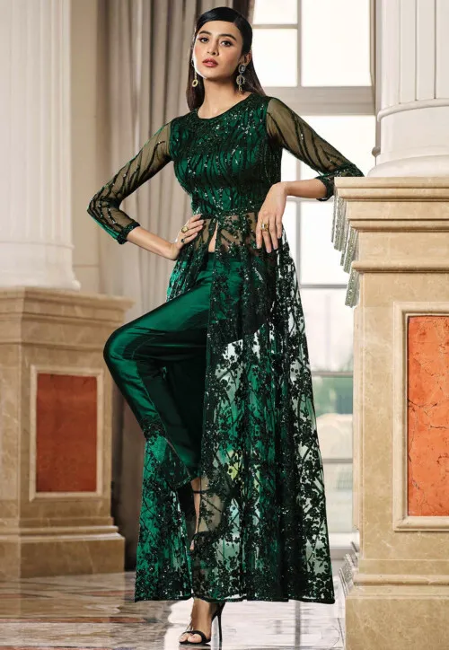Embroidered Net Abaya Style Suit in Dark Green