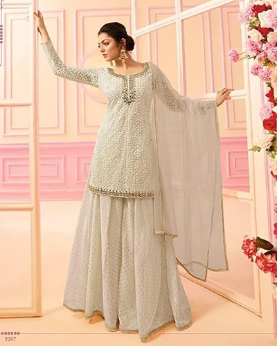Cream White Muslim Indian Net Embroidered Party wear Sharara Garara Suit Trendy Pakistani Dress HIT