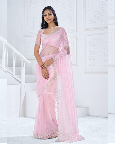 Blush Pink Trendy Fashion Organza Cocktail Indian Swarovski Saree Sari Blouse Women/Girls