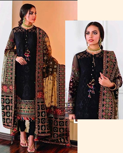 Black Heavy Embroidered Muslim Designer Georgette Pakistani Pant Suit Indian Woman Cocktail Dress 2606