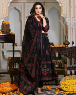 Black Cotton Floral Block Print Angrakha Style Anarkali Kurti Pant Dupatta Set Salwar Kameez