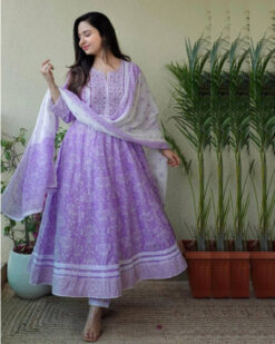 Trendy Lavender Jaipuri Style Cotton Flared Fancy Anarkali Frock Suit Set