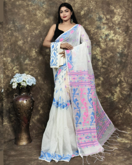 Puja Special Body Half Plain Soft Jamdani Handloom Saree with Blouse