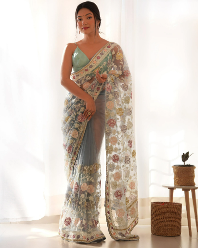 Beautiful Latest Designer Heavy Butterfly Net Saree