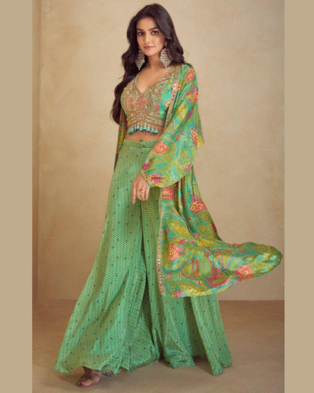 Real Chinon Top & Skirt with Shrug Silk Digital Printed Co Ord Set