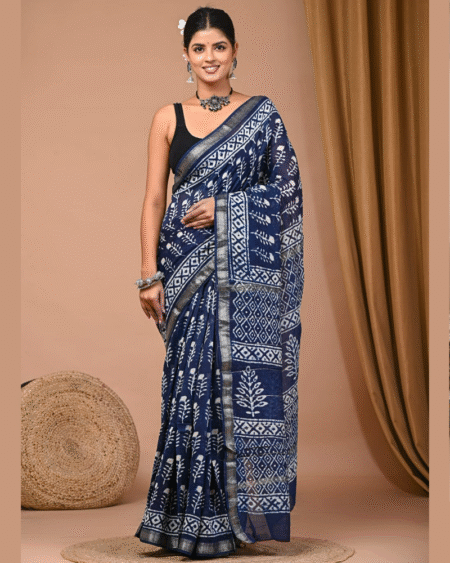 Indian Women Hand Block Printed Patterns Maheshwari Silk Saree