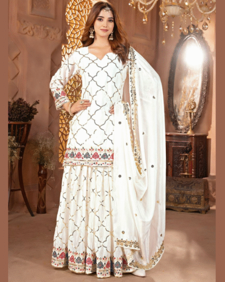 5mm Sequence Embroidery Work Latest Heavy Chinon Silk Sharara Suit