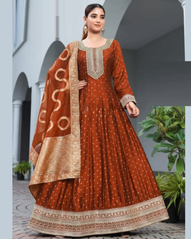 Weddings Silk Fancy Anarkali Gown with Tissue Dupatta