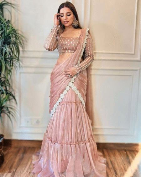 Designer Party Wear Organza Ready to Wear Lehenga Saree