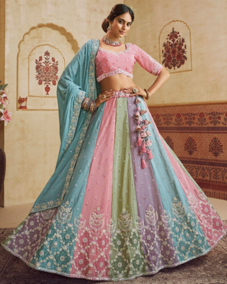 Turquoise Blue Poly Chiffon Semi-Stitched Lehenga choli & Dupatta