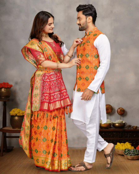 Indian Women & Men's Jaccard Weaving Silk Matching Couple Combo Set for Festival Season