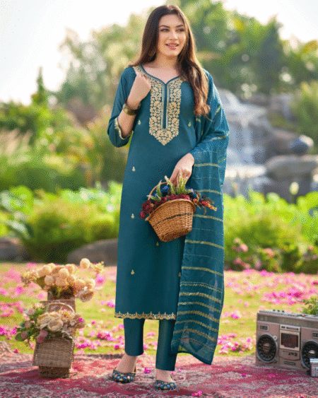 Beautiful Simmer Roman Designer Straight Style Kurti Set