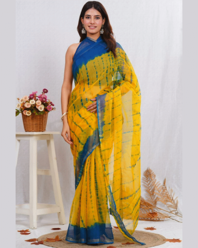 Colorful Hand Block Printed Kota Dariya Saree with Blouse For Women
