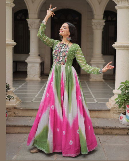 Faux Georgette Bandhej Printed Gown for Navratri Nights