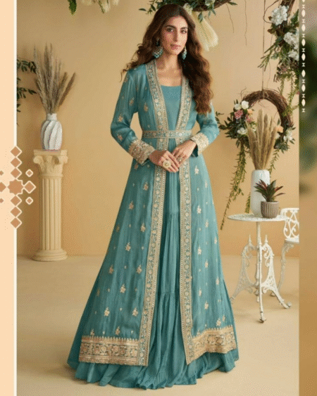 Real Premium Chinon Silk Latest Trendy Stylist Gown with Shrug Belt