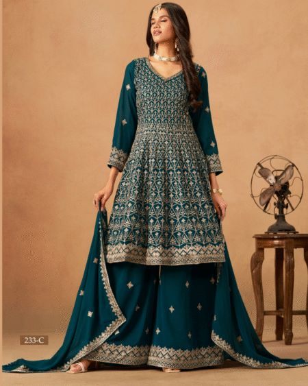 Faux Georgette Sharara Style Anarkali Short Suit for Festivals