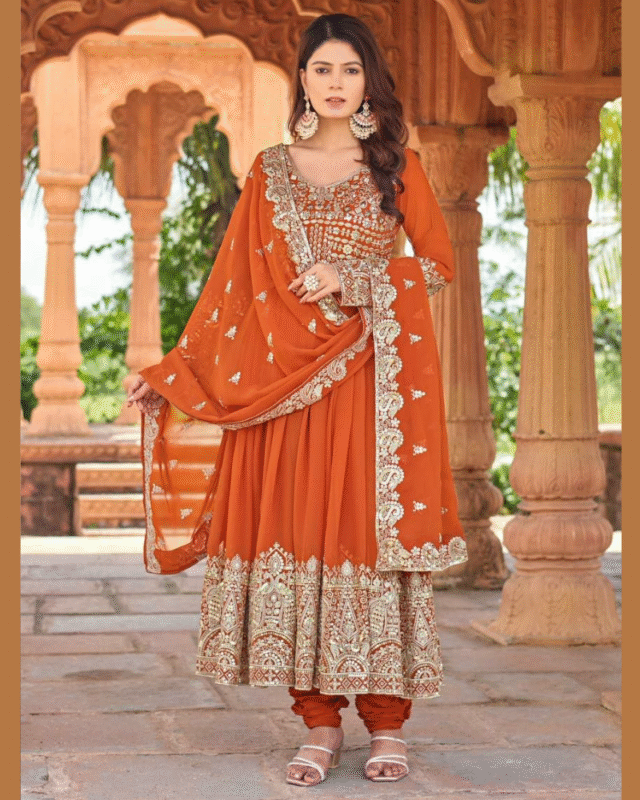 Orange Heavy Faux Georgette Designer Gown Style Suit