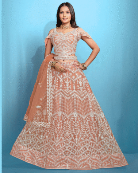 Peach Net Party Wear Lehenga Choli and Dupatta