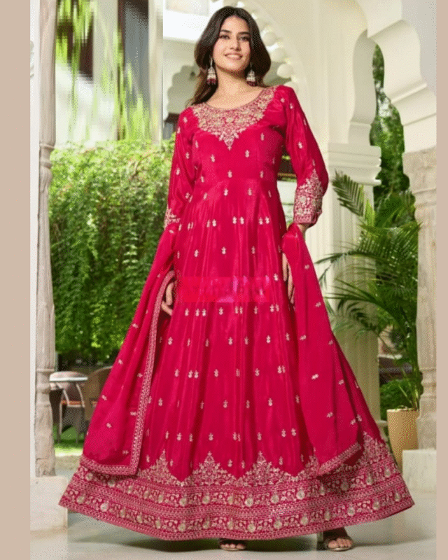 Magenta Pink Silk Fancy One Piece Gown with Dupatta for Party Wear