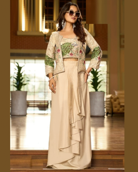 Indo Western Viscose Party Wear Fancy Divider Set with Long Jacket