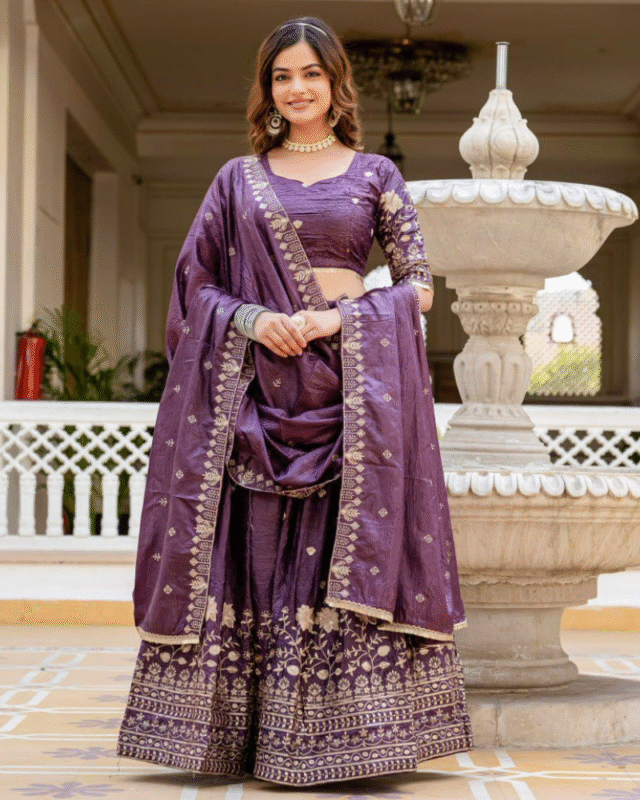 Purple Tradition Designer Gold Crush Lehenga Blouse & Dupatta Set