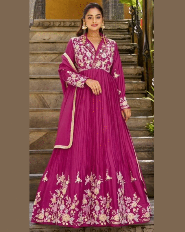 Wedding Wear Silk Designer Collared Gown with Plane Dupatta