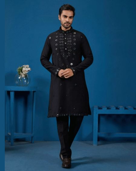 Black Festival Wear Viscose Silk Men's Wear Kurta Pajama