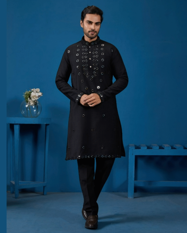 Black Festival Wear Viscose Silk Men's Wear Kurta Pajama
