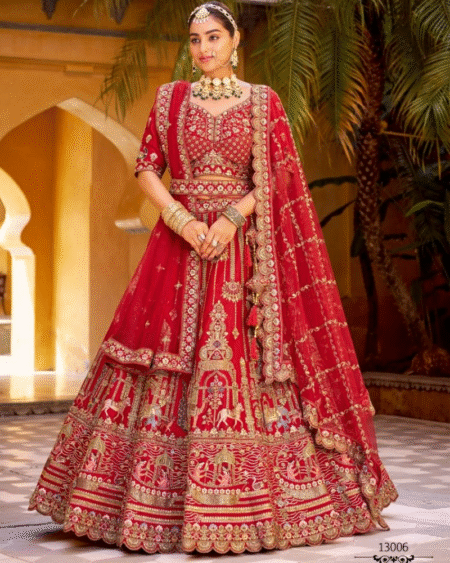Red Traditional Silk Bridal Style Semi Stitched Lehenga Choli with