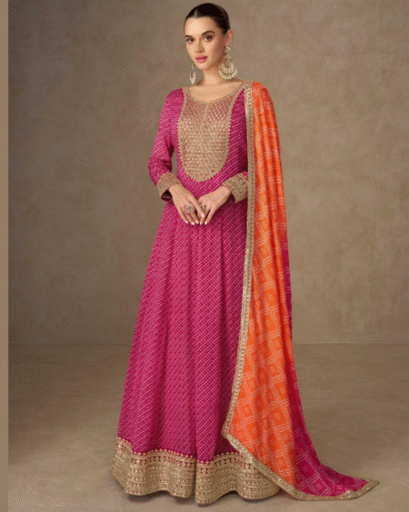 Chinon Digital Printed Designer Festival Wear Gown with Dupatta