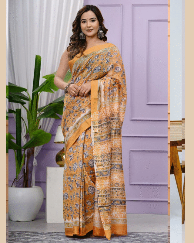 Hand Block Printed Beautiful Pure Maheshwari Silk Saree with Blouse
