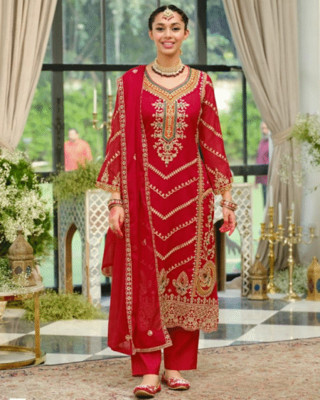 Red Soft Organza Designer Straight Style Suit for Festivals