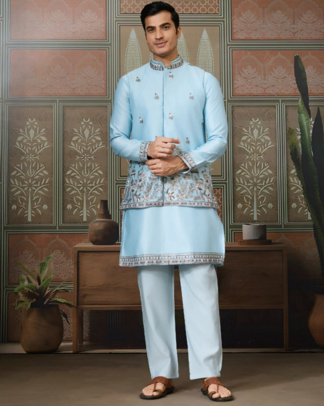 Wedding Wea Silk Men's Wear Kurta Pajama with Koti
