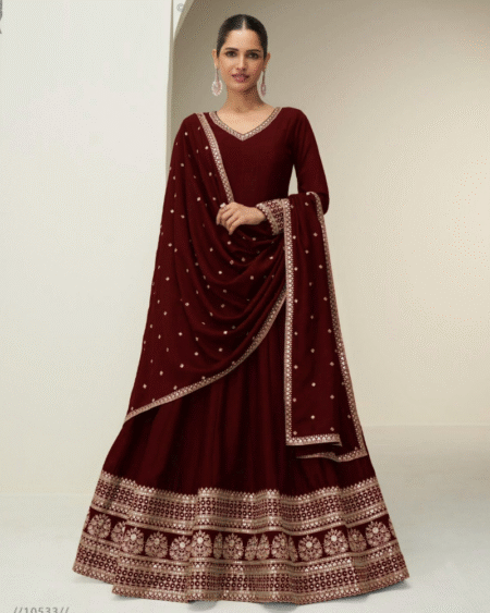 Maroon Premium Silk Designer Festival Wear Gown with Dupatta