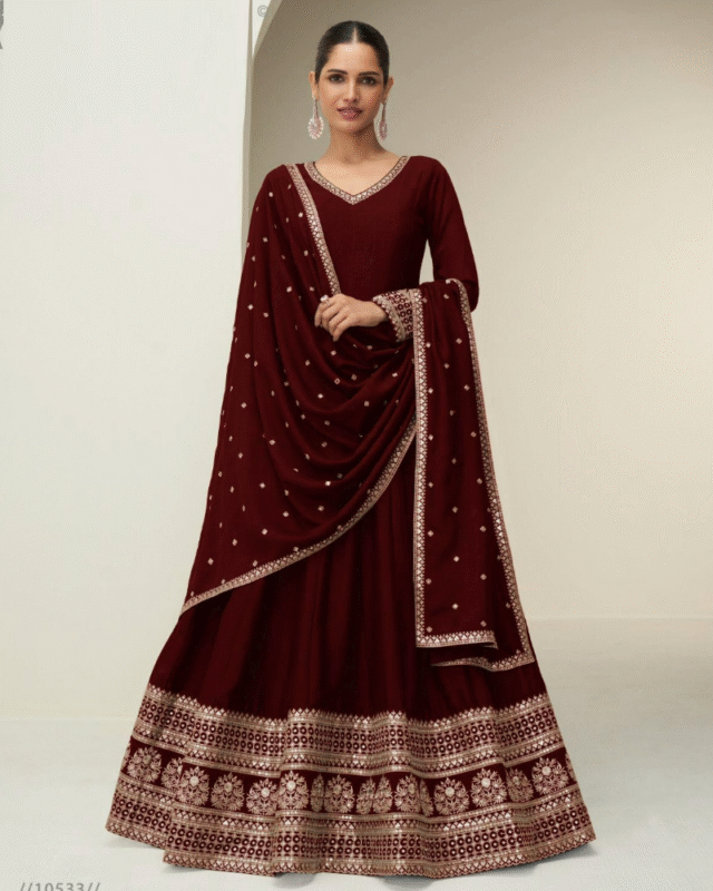 Maroon Premium Silk Designer Festival Wear Gown with Dupatta