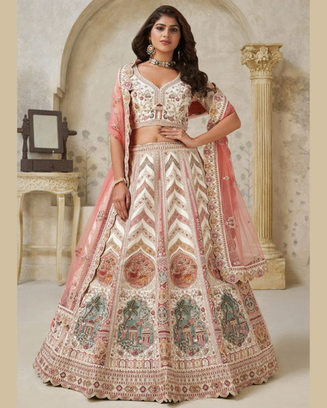Cream Silk Designer Bridal Wear Lehenga Choli & Dupatta