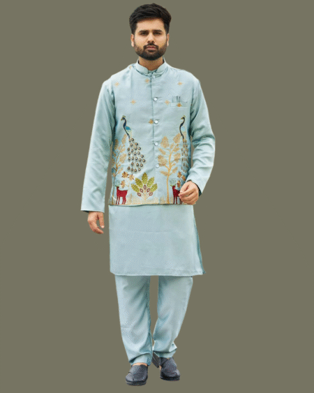 Malai Satin Designer Ready to Wear Kurta Koti Pajama Set