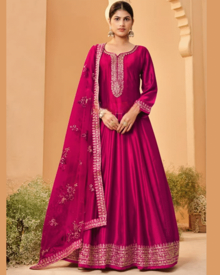 Magenta Pink Silk Fancy Anarkali One Piece with Net Dupatta
