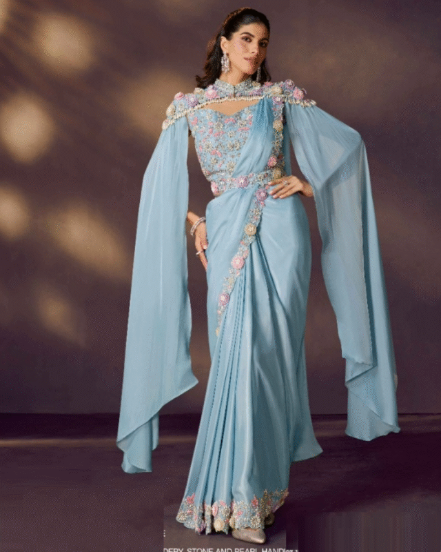 Powder Blue Party Wear Soft Satin Silk One Minute Style Saree