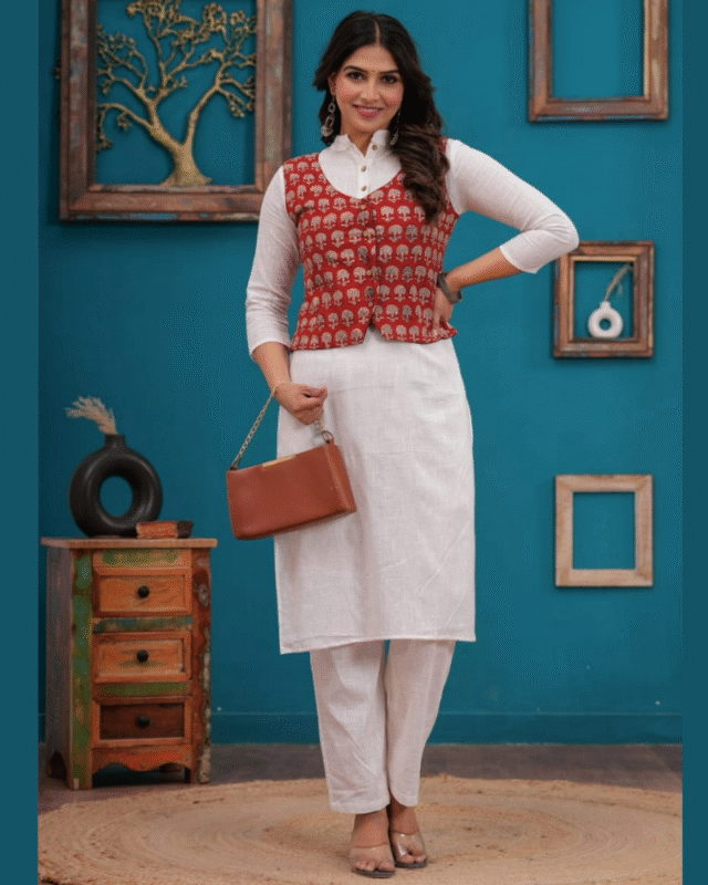 Cotton Kurti Paint with Jacket Hand Block Bagru Printed 3 Piece Set