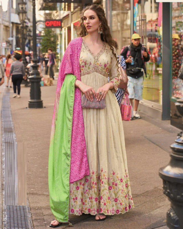 Beige Premium Real Simar Silk Gown with Dupatta