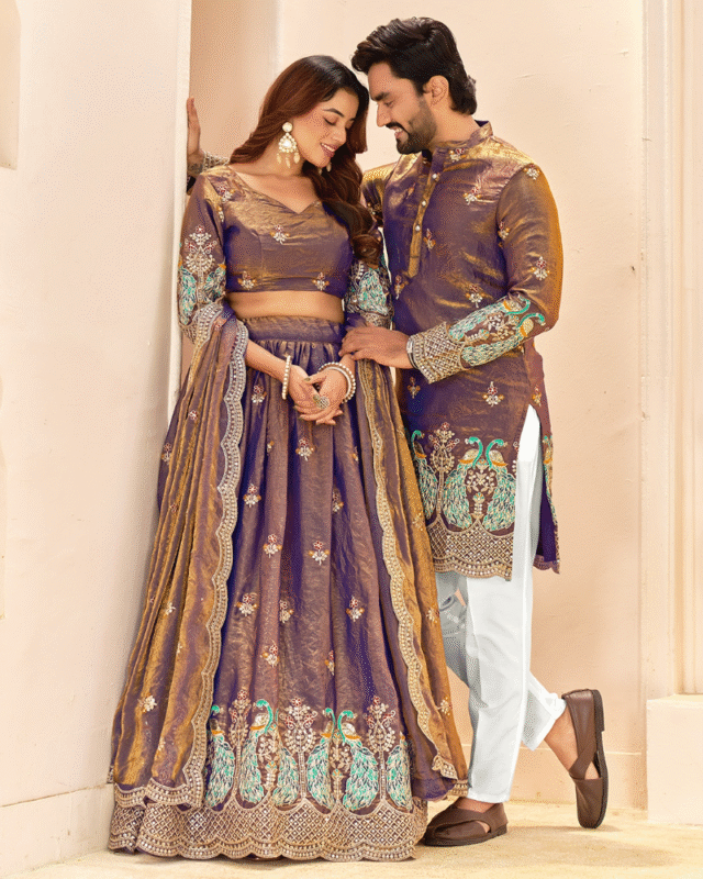 Wedding Wear Fendi Silk Men’s Kurta Pajama Female Lehenga Couple Combo Set