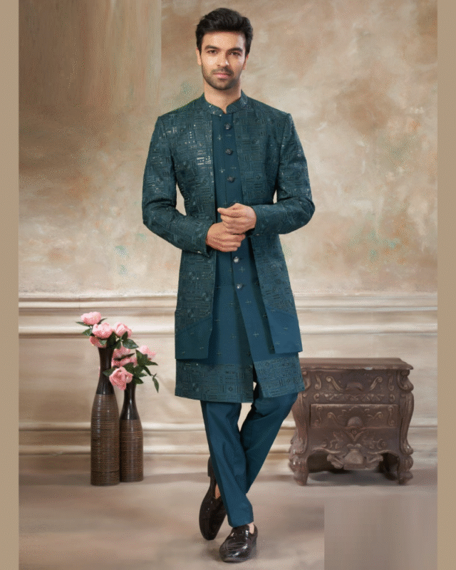 Indo Western Pure Viscose Men's Wedding Wear Kurta Pajama with Jacket