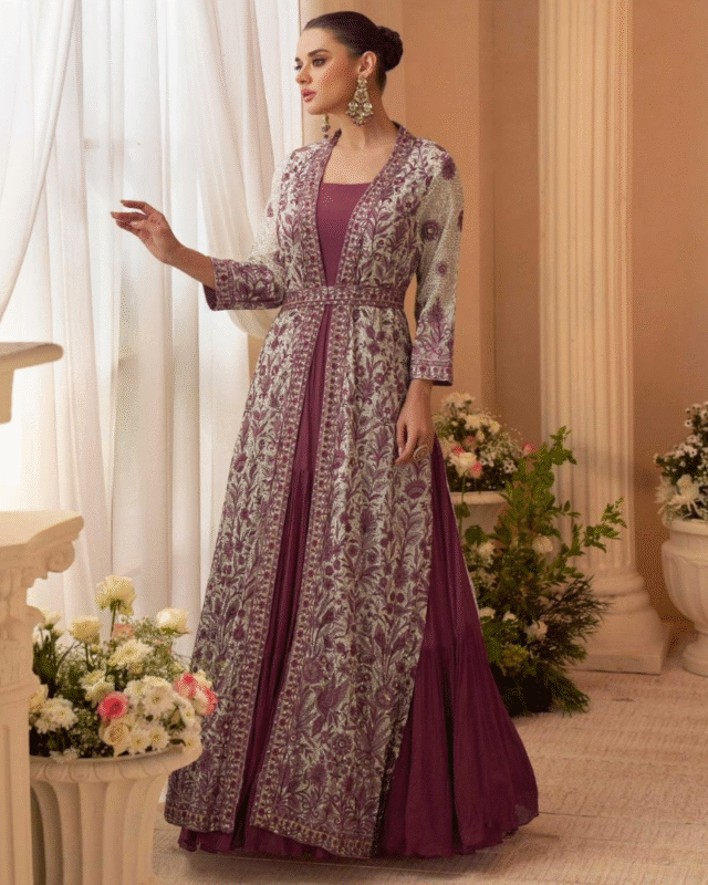 Premium Real Chinon Silk Trendy Wedding Jacket Style Gown with Belt