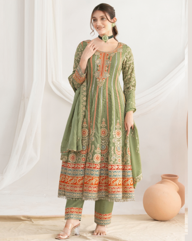 Pista Green Premium Silk Designer Anarkali Style Suit