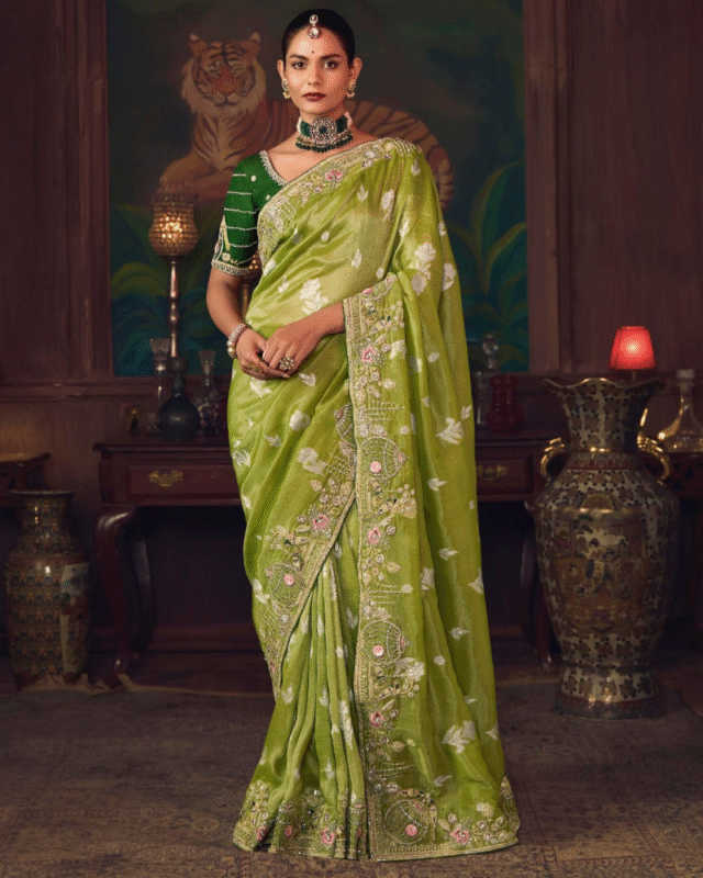Traditional Silk Heavy Embroidery Work on Saree for Wedding