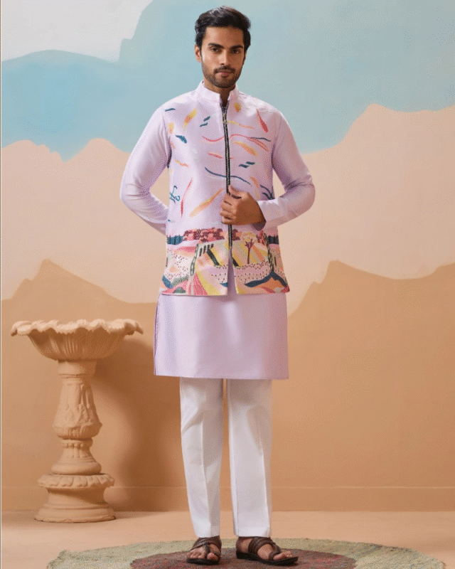 Men’s Wear Silk Designer Kurta Pajama with Koti for Wedding